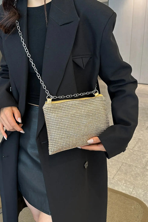 'Aya' Metal Chain Rhinestone Crossbody Bag - Celes Fashion